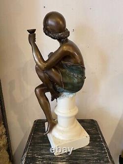 Bronze Art Deco Style Woman Sculpture on White Stone Base Early 20th Century