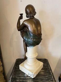 Bronze Art Deco Style Woman Sculpture on White Stone Base Early 20th Century