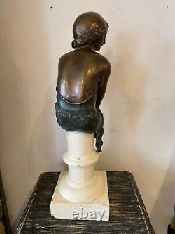 Bronze Art Deco Style Woman Sculpture on White Stone Base Early 20th Century