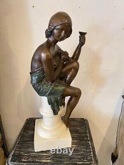 Bronze Art Deco Style Woman Sculpture on White Stone Base Early 20th Century