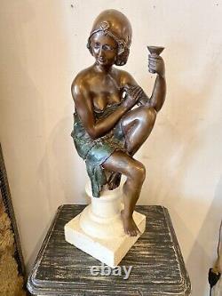 Bronze Art Deco Style Woman Sculpture on White Stone Base Early 20th Century