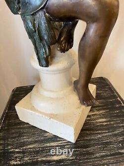 Bronze Art Deco Style Woman Sculpture on White Stone Base Early 20th Century