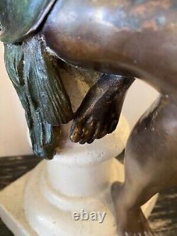 Bronze Art Deco Style Woman Sculpture on White Stone Base Early 20th Century