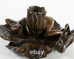 Bronze Art Nouveau Empty Pocket And Candlestick Au Nu. Signed And Publisher Brand
