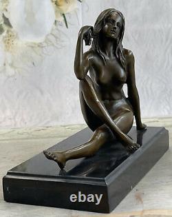 Bronze Art Sculpture A Hair Girl Woman Lady Look Up Meditation Statue Figure