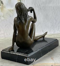 Bronze Art Sculpture A Hair Girl Woman Lady Look Up Meditation Statue Figure