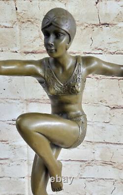 Bronze Font On Marble Base Statue Sculpture Nude Girl Dancer Art Deco
