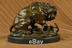 Bronze Lion And Snake Sculpture On Marble Base Art Ornament Figurine Massif