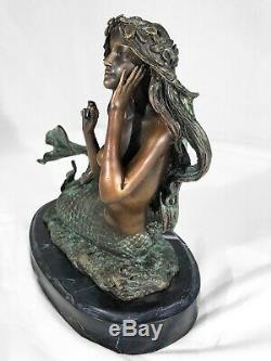 Bronze Marble Art Statue Mermaid Sculpture Marble Base Mythical Mermaid Statue