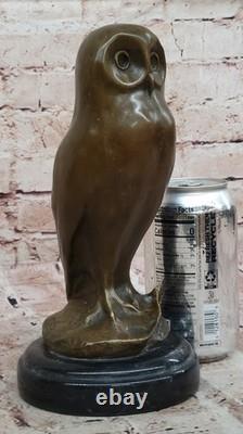 Bronze Marble Base Owl Bird Sculpture Statue Art Deco Cast Iron