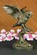 Bronze Marble Base Owl Bird Sculpture Statue Figure Art Decor Font Nr