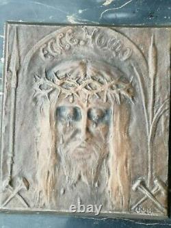 Bronze Plaque Sculpture Art Nouveau 1900 Jesus Christ ECCE HOMO Sign DUMONT