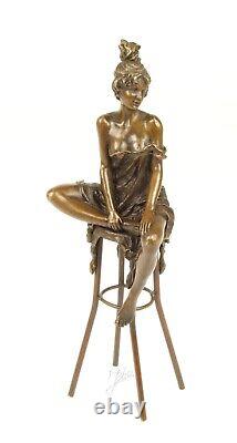 Bronze Sculpture Art Deco Semi-Nude Woman on Stool After Pierre Collinet