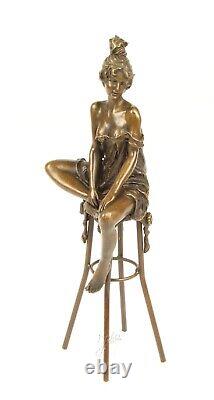 Bronze Sculpture Art Deco Semi-Nude Woman on Stool After Pierre Collinet