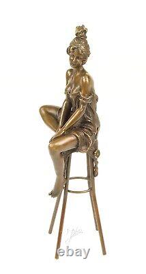 Bronze Sculpture Art Deco Semi-Nude Woman on Stool After Pierre Collinet