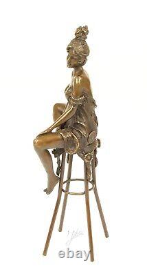 Bronze Sculpture Art Deco Semi-Nude Woman on Stool After Pierre Collinet