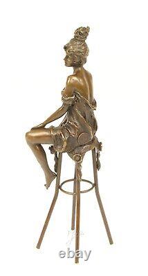 Bronze Sculpture Art Deco Semi-Nude Woman on Stool After Pierre Collinet