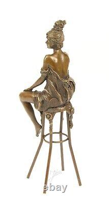 Bronze Sculpture Art Deco Semi-Nude Woman on Stool After Pierre Collinet