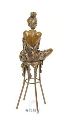 Bronze Sculpture Art Deco Semi-Nude Woman on Stool After Pierre Collinet