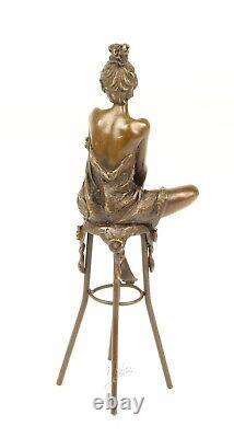 Bronze Sculpture Art Deco Semi-Nude Woman on Stool After Pierre Collinet