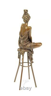 Bronze Sculpture Art Deco Semi-Nude Woman on Stool After Pierre Collinet