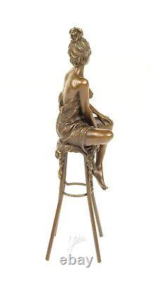 Bronze Sculpture Art Deco Semi-Nude Woman on Stool After Pierre Collinet