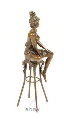 Bronze Sculpture Art Deco Semi-Nude Woman on Stool After Pierre Collinet