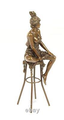 Bronze Sculpture Art Deco Semi-Nude Woman on Stool After Pierre Collinet