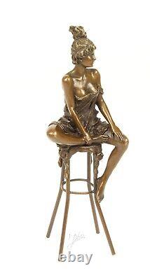 Bronze Sculpture Art Deco Semi-Nude Woman on Stool After Pierre Collinet