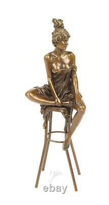 Bronze Sculpture Art Deco Semi-Nude Woman on Stool After Pierre Collinet