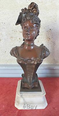 Bronze Sculpture Art Nouveau Woman Signed Debut Statue