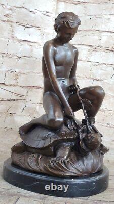 Bronze Sculpture Chair Boy with Turtle Art Deco Figurine Statue Home Decor
