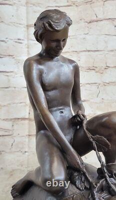 Bronze Sculpture Chair Boy with Turtle Art Deco Figurine Statue Home Decor