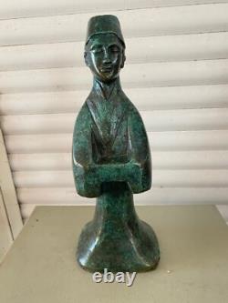 Bronze Sculpture Mandarin Man Signed MM Green Patina Contemporary Art