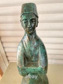 Bronze Sculpture Mandarin Man Signed MM Green Patina Contemporary Art