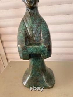 Bronze Sculpture Mandarin Man Signed MM Green Patina Contemporary Art