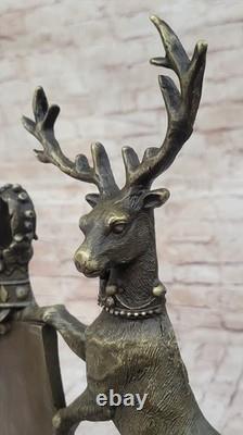 Bronze Sculpture Signed Original Work Art Deco Deer Royal Crest Sculpture
