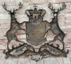 Bronze Sculpture Signed Original Work Art Deco Deer Royal Crest Sculpture