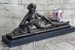 Bronze Sculpture Statue Art Deco Signed L. Bruns France Nude Woman With Her Dog