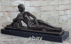 Bronze Sculpture Statue Art Deco Signed L. Bruns France Nude Woman With Her Dog