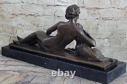 Bronze Sculpture Statue Art Deco Signed L. Bruns France Nude Woman With Her Dog