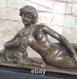 Bronze Sculpture Statue Art Deco Signed L. Bruns France Nude Woman With Her Dog