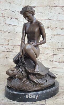 Bronze Sculpture of a Nude Boy with Turtle Art Deco Figurine Home Decor Statue