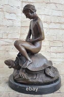 Bronze Sculpture of a Nude Boy with Turtle Art Deco Figurine Home Decor Statue