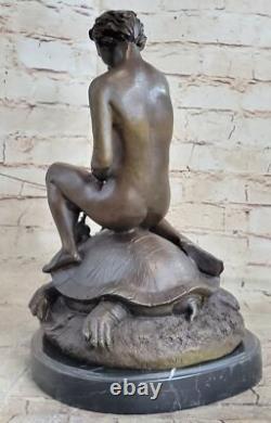 Bronze Sculpture of a Nude Boy with Turtle Art Deco Figurine Home Decor Statue