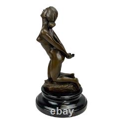 Bronze Sculpture of a Nude Woman Kneeling on a Marble Base Art Decor 8.6 in