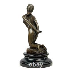 Bronze Sculpture of a Nude Woman Kneeling on a Marble Base Art Decor 8.6 in
