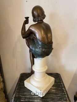 Bronze Woman Statue in Art Deco Style on Stone Base Early 20th Century