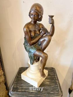 Bronze Woman Statue in Art Deco Style on Stone Base Early 20th Century