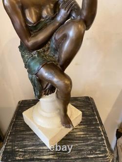 Bronze Woman Statue in Art Deco Style on Stone Base Early 20th Century